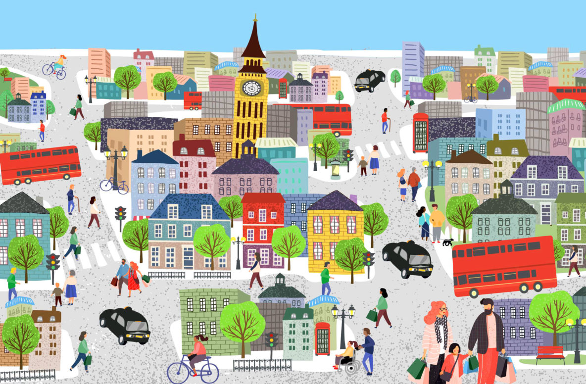 Illustrated city scene- with colourful buildings of all different sizes, there are roads with diverse people walking on as well as some black cabs and red double decker buses. People are walking with bags, riding bikes, in wheelchairs, walking dogs etc. There are green trees dotted about the city scene as well as red telephone boxes and street lights.