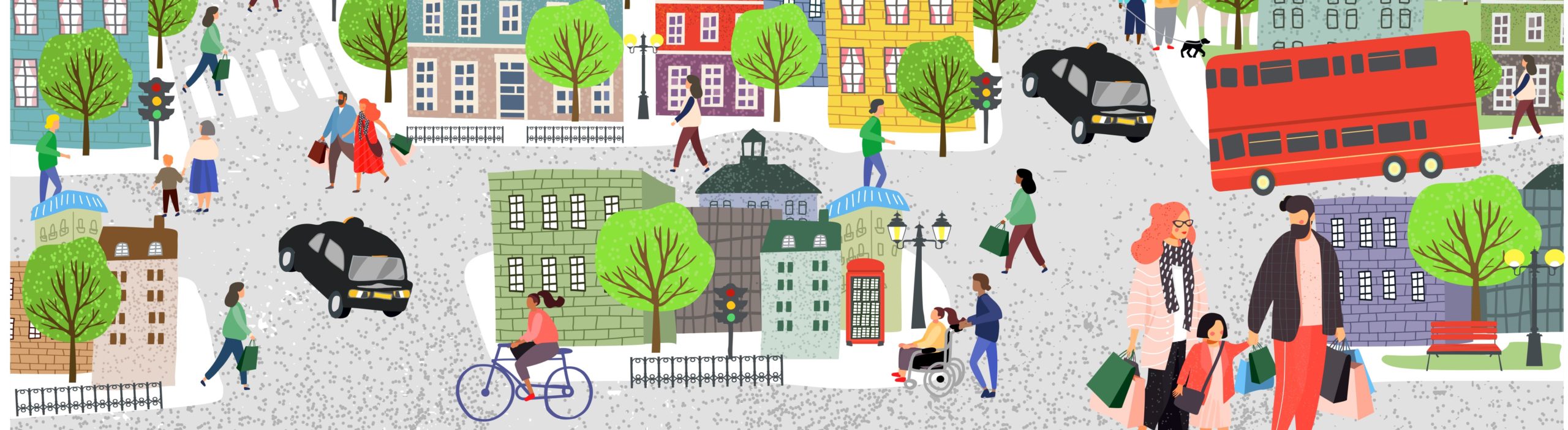 Colourful illustration of people in London