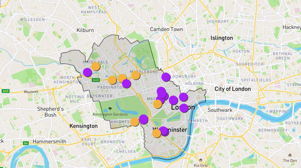 Map of major planning applications in the city of Westminster.