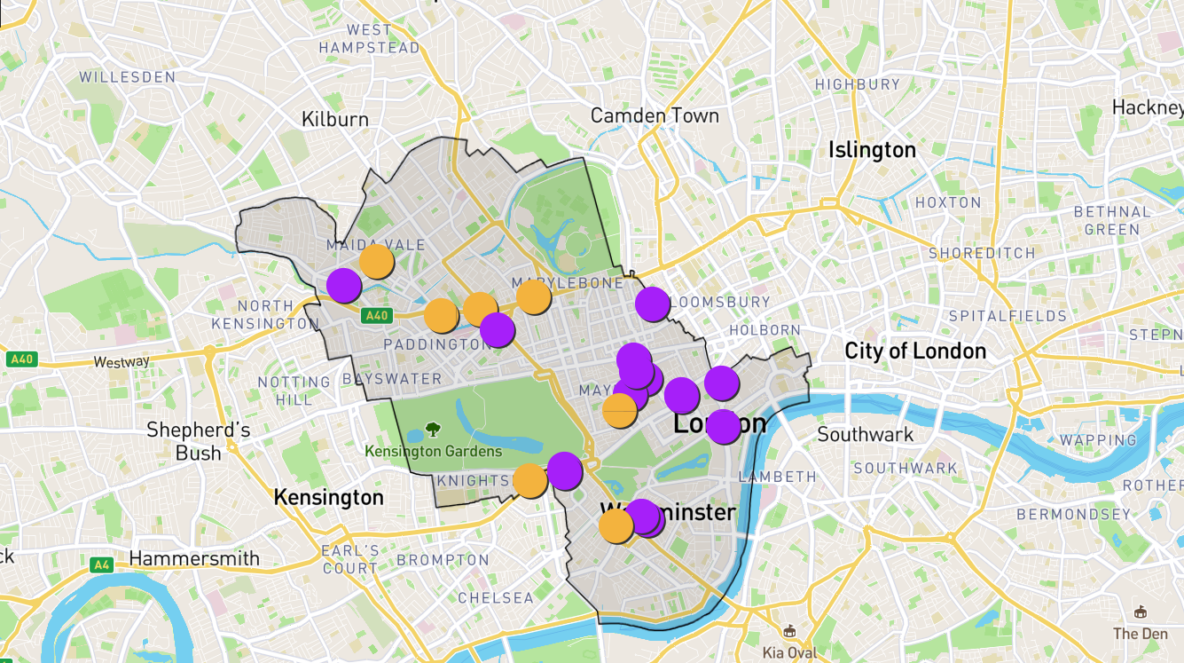 Map of major planning applications in the city of Westminster.